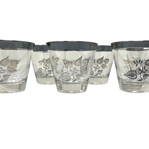 Vintage Georges Briard Signed Low Ball Cocktail Glasses Silver Floral Damask MCM